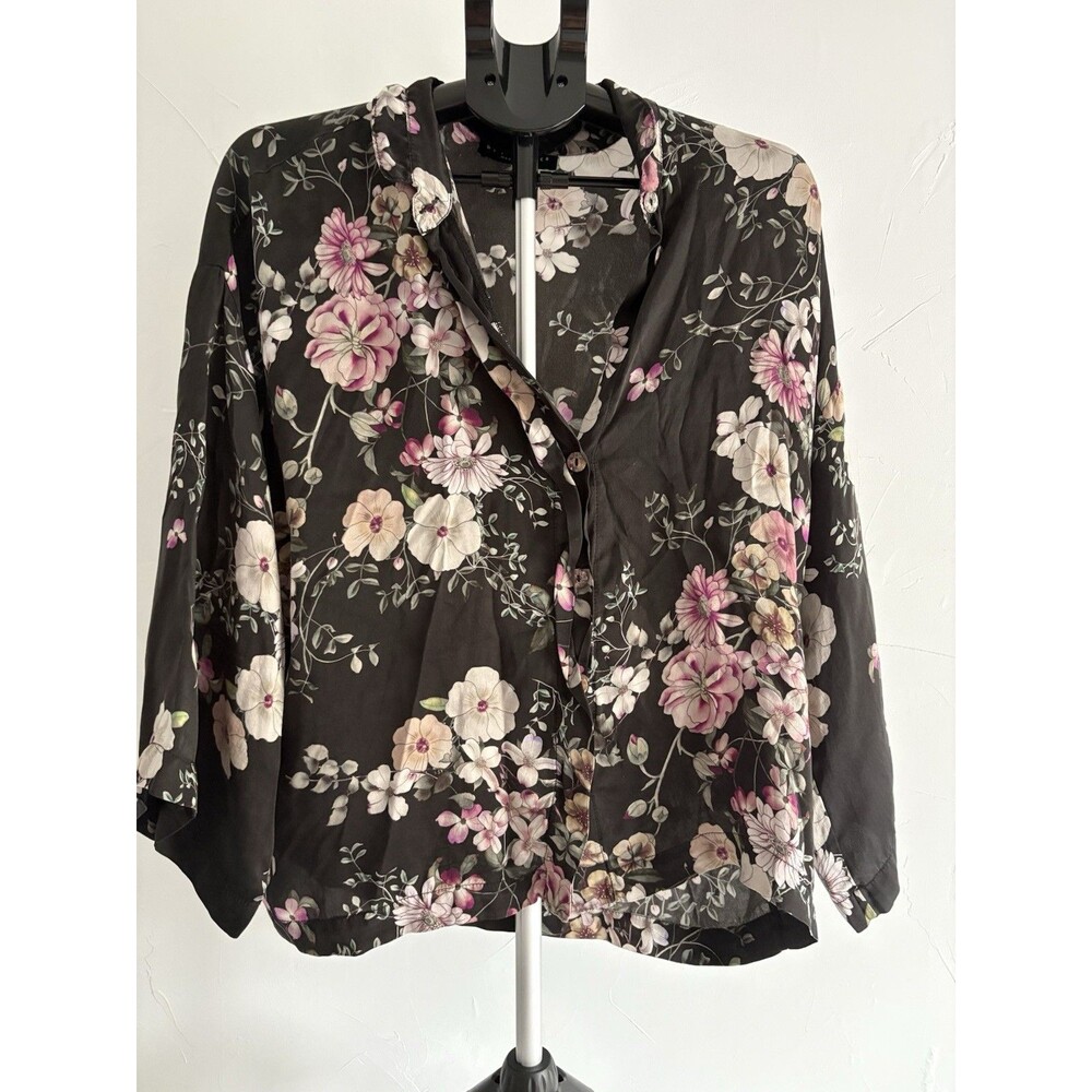 Brynn Walker 100% Silk Black Foral Shirt Women Size XS